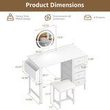 KAI-ROAD White Vanity Desk with Mirror and Light- Makeup Vanity Set Table with Chair, Storage, Lighted Mirror, 4 Large Fabric Drawers & Power Outlet, Dressing Table Vanities for Girls Bedroom KAI-ROAD