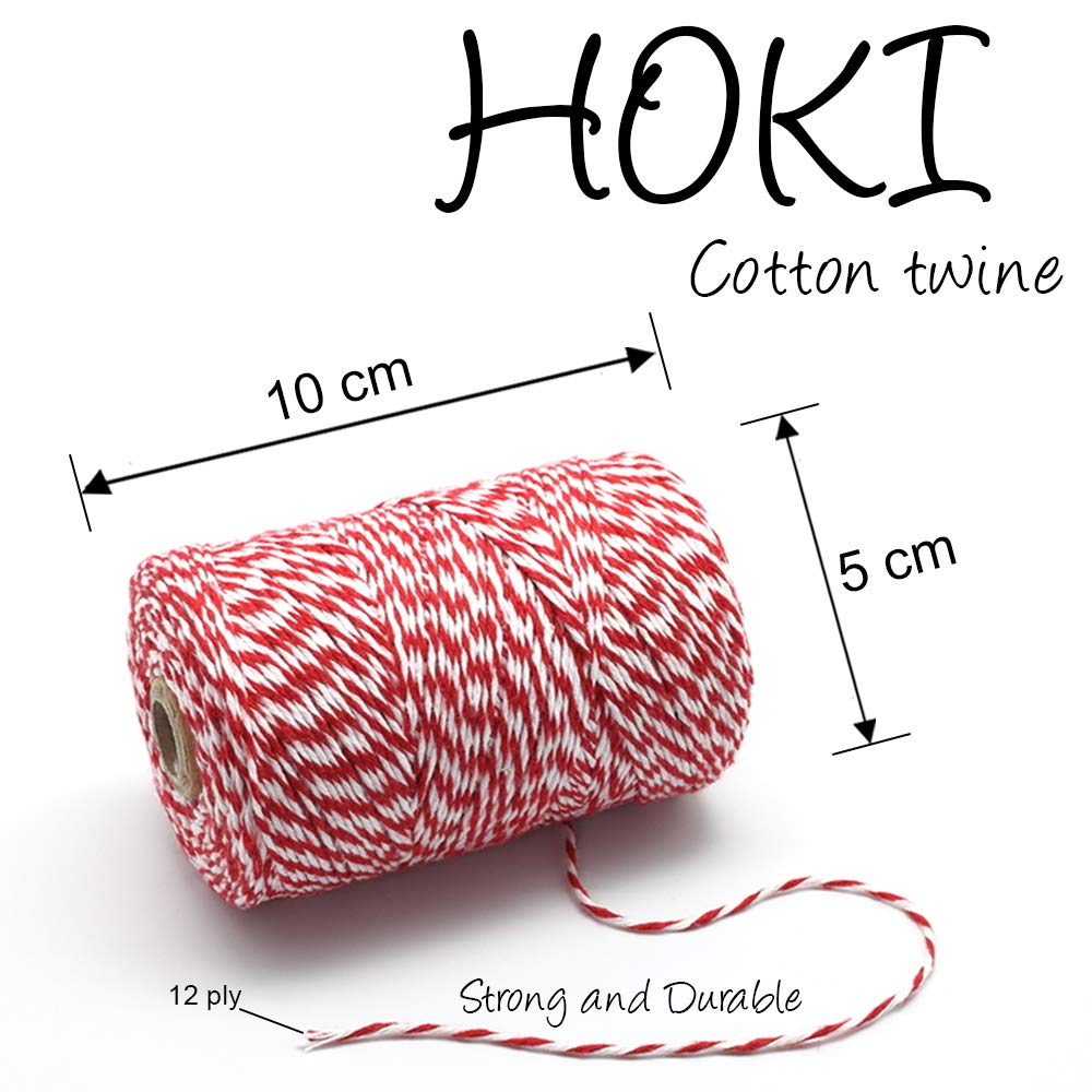 HOKI Cotton Bakers Twine Red & White 100M (328 Feet), Packing String, Durable Rope for Gardening, Decoration, Tying Cake and Pastry Boxes, DIY Crafts & Gift Wrapping, for Art and Craft HOKI