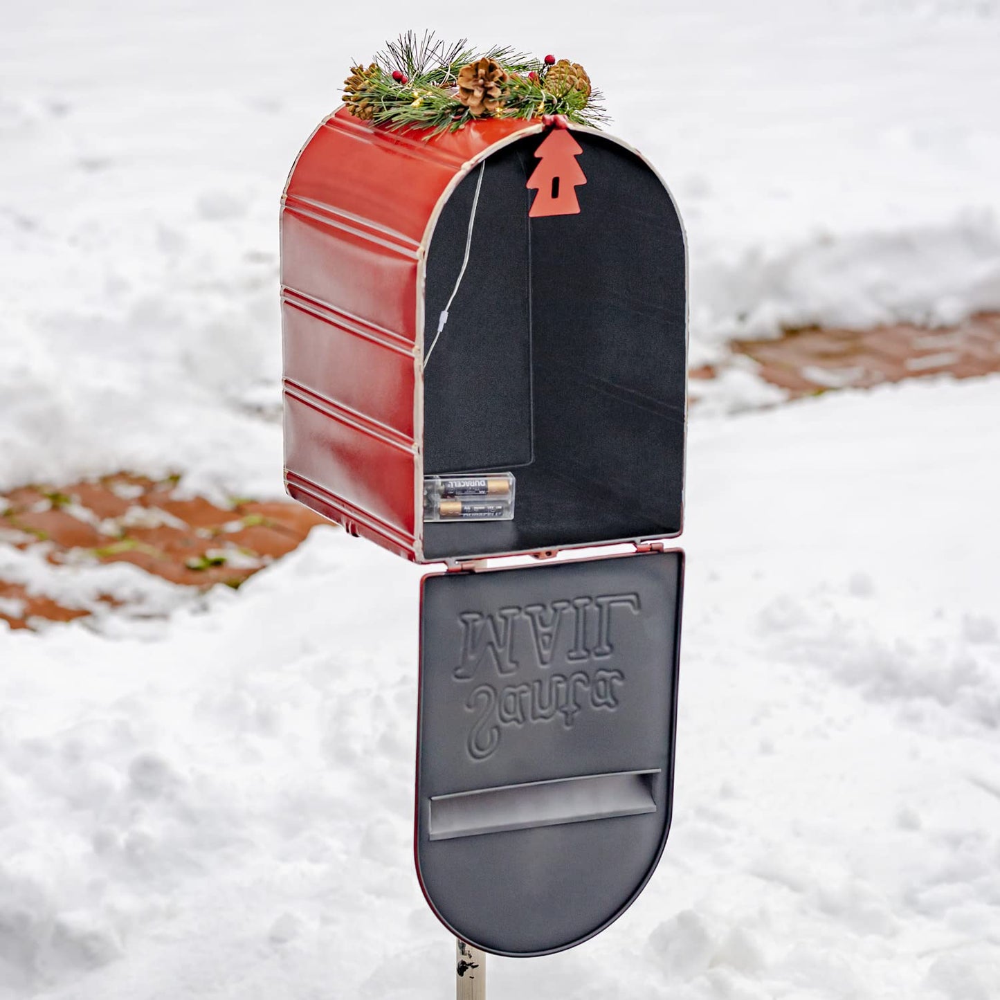 42" Tall Metal Standing Santa's Mail Christmas Mailbox with Light-up LED Wreath (Red Top)