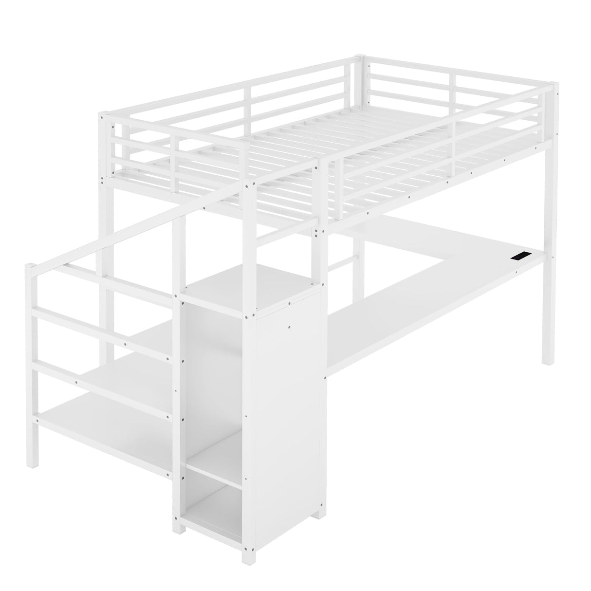 Full Loft Bed with Stairs and Wardrobe, Full Size Loft Bed with Desk and Storage, Metal Loft Beds with Charging Station and Light, White Bellemave
