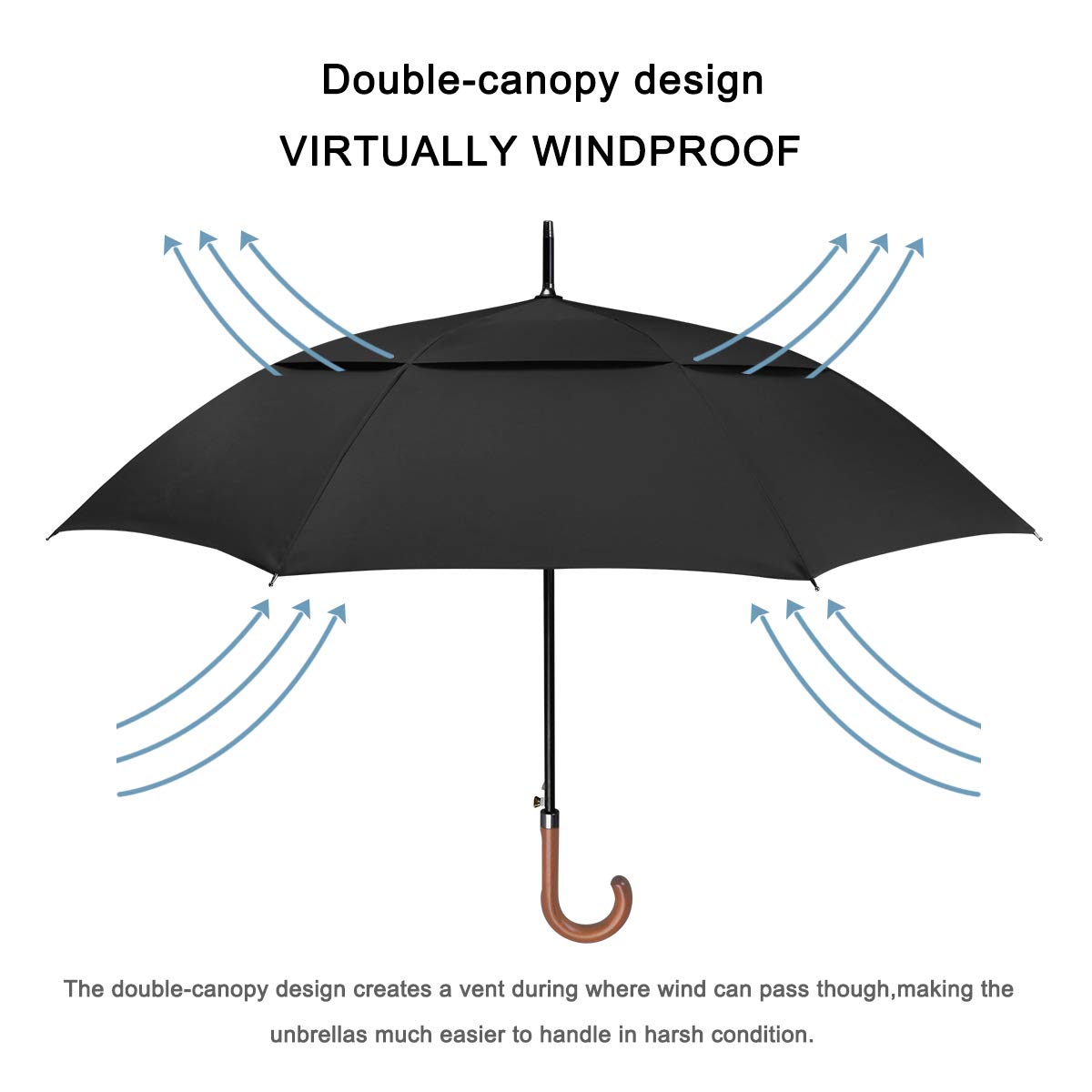G4Free 52/62inch Wooden J Handle Golf Umbrella Windproof Classic Stick Wedding Cane Umbrellas, Auto Open Cane Hook Handle G4Free