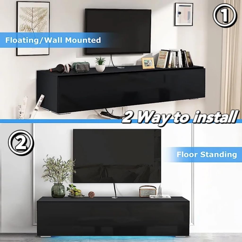 HOMMPA Floating TV Stand with LED Lights for TVs up to 65 Inch, Wall Mounted Entertainment Center with Storage, Modern High Glossy Media Console for Living Room, Bedroom, Black HOMMPA