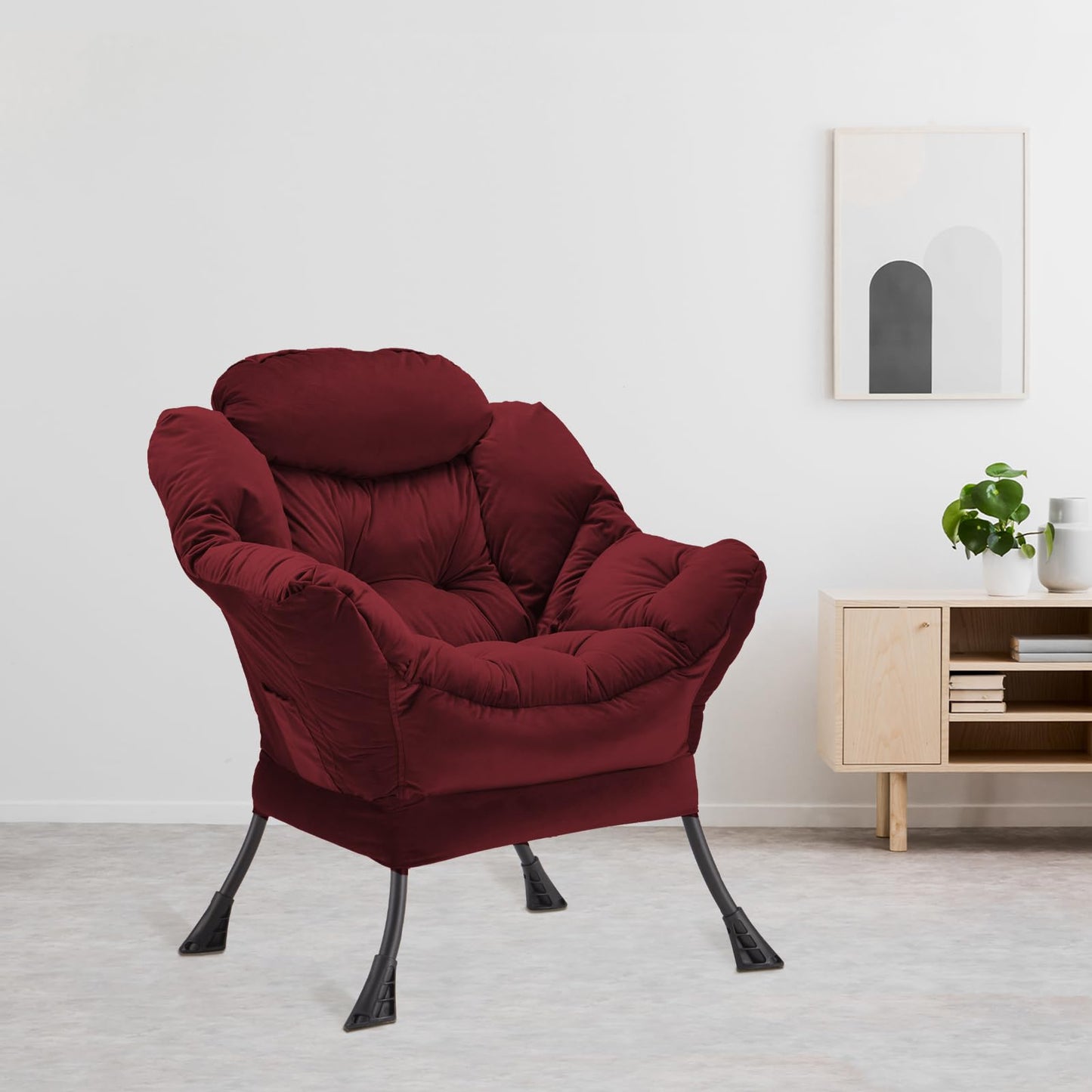 Youtanic Lazy Chair Thick Padded, Accent Chair Velvet Upholstered with Wide Seat, Stable Metal Frame and Non-Slip Pad, Modern Sofa Armchair with Side Storage Bag for Dorm, Room, Office, Burgundy