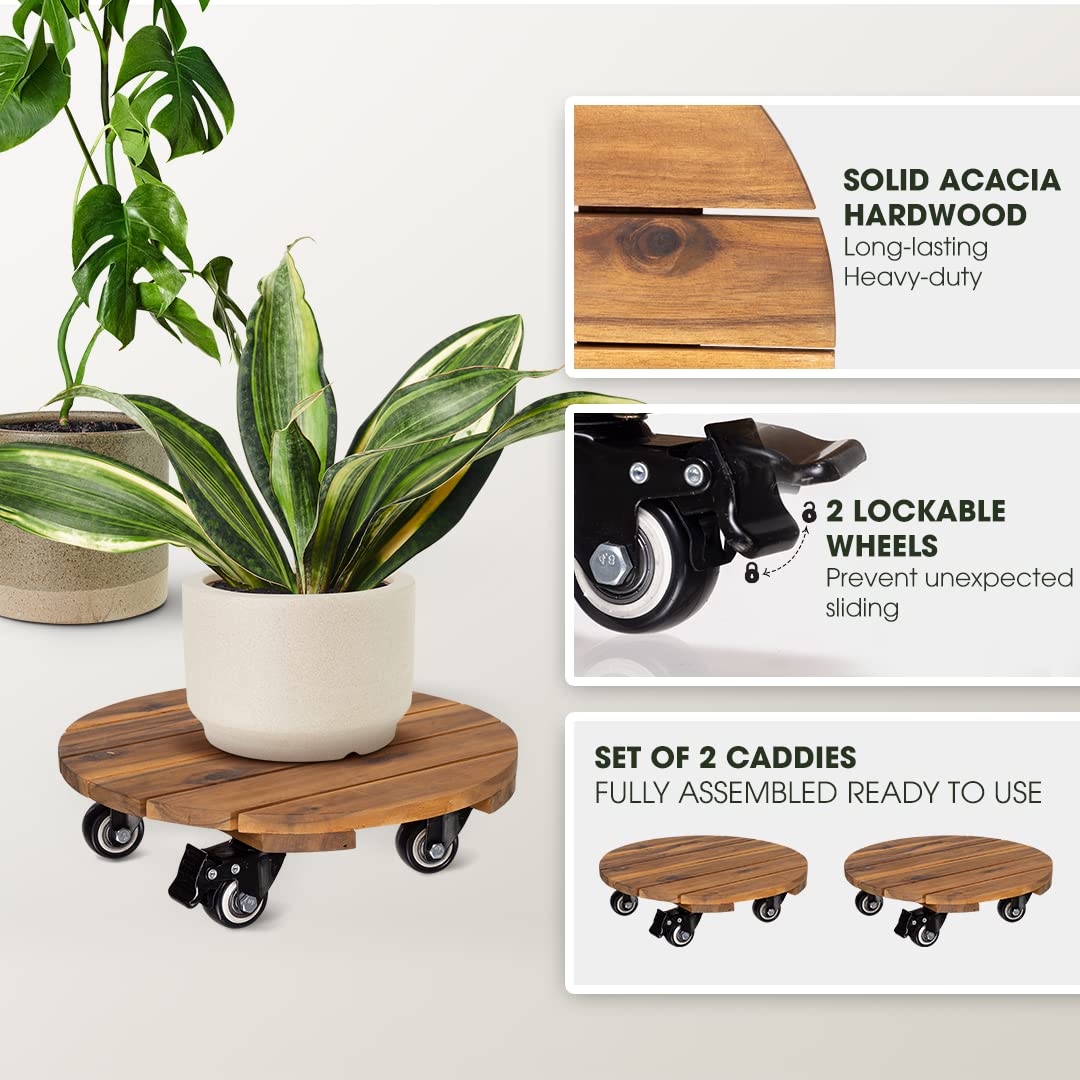Idzo 2pack Wood Plant Caddy With Wheels Heavy Duty, 264 Lbs Capacity, 12 Inch Acacia Hardwood Plant Dolly, Plant Stand with 360° Lockable Wheels, Plant Caster for Heavy Objects Hauling - Natural Wood IDZO