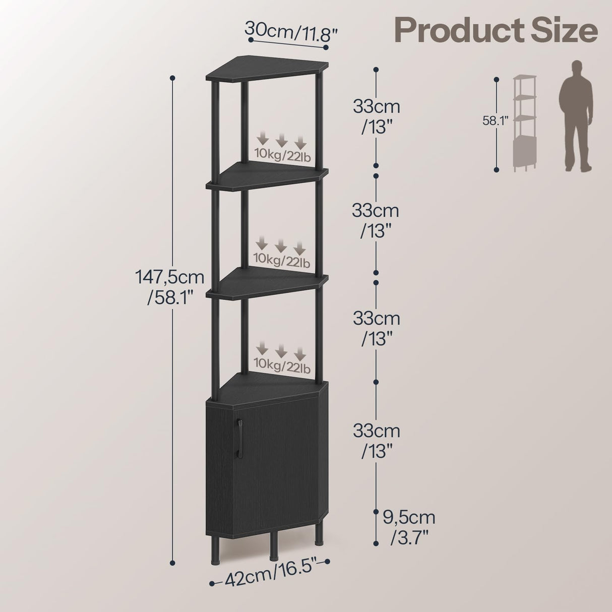 HOOBRO Corner Cabinet with LED Light, Corner Shelf Stand with Storage and Doors, 5-Tier Industrial Corner Bookshelf, 59” Tall Display Rack Shelf, for Living Room, Kitchen, Black BB147DCJ01 HOOBRO