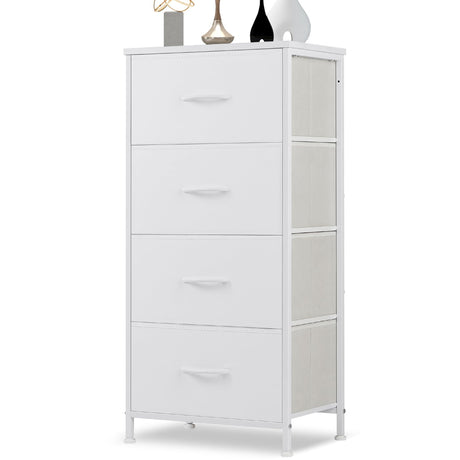 DUMOS Dresser for Bedroom, 4 Storage Drawers, Tall Fabric Closet Chests Organizer Tower Furniture with Wooden Top Metal Frame for Clothes, Living Room, Hallway, Entryway DUMOS