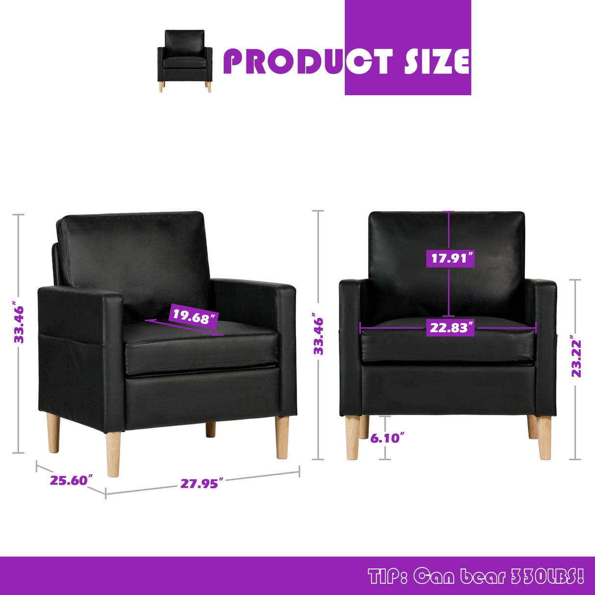 TYBOATLE 66" Sofa Couches Set of 2, Black Leather Loveseat w/ 2 USB Charging Ports & Pillow, Modern Love Seats and Armchair, Small 2 Seater Couch for Living Room, Small Spaces, Office, Bedroom TYBOATLE