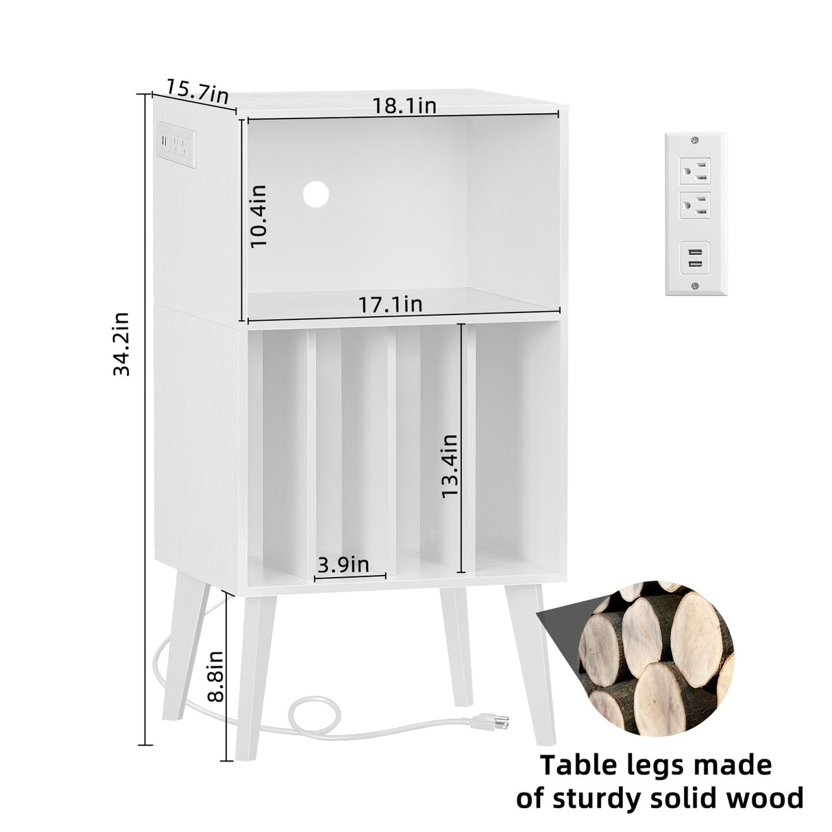 Lerliuo Record Player Stand with Charging Station, White Turntable Stand Holds up to 160 Albums, Mid-Century Vinyl Storage Cabinet Table with Wood Legs, Record Holder Dispaly Shelf for Living Room Lerliuo