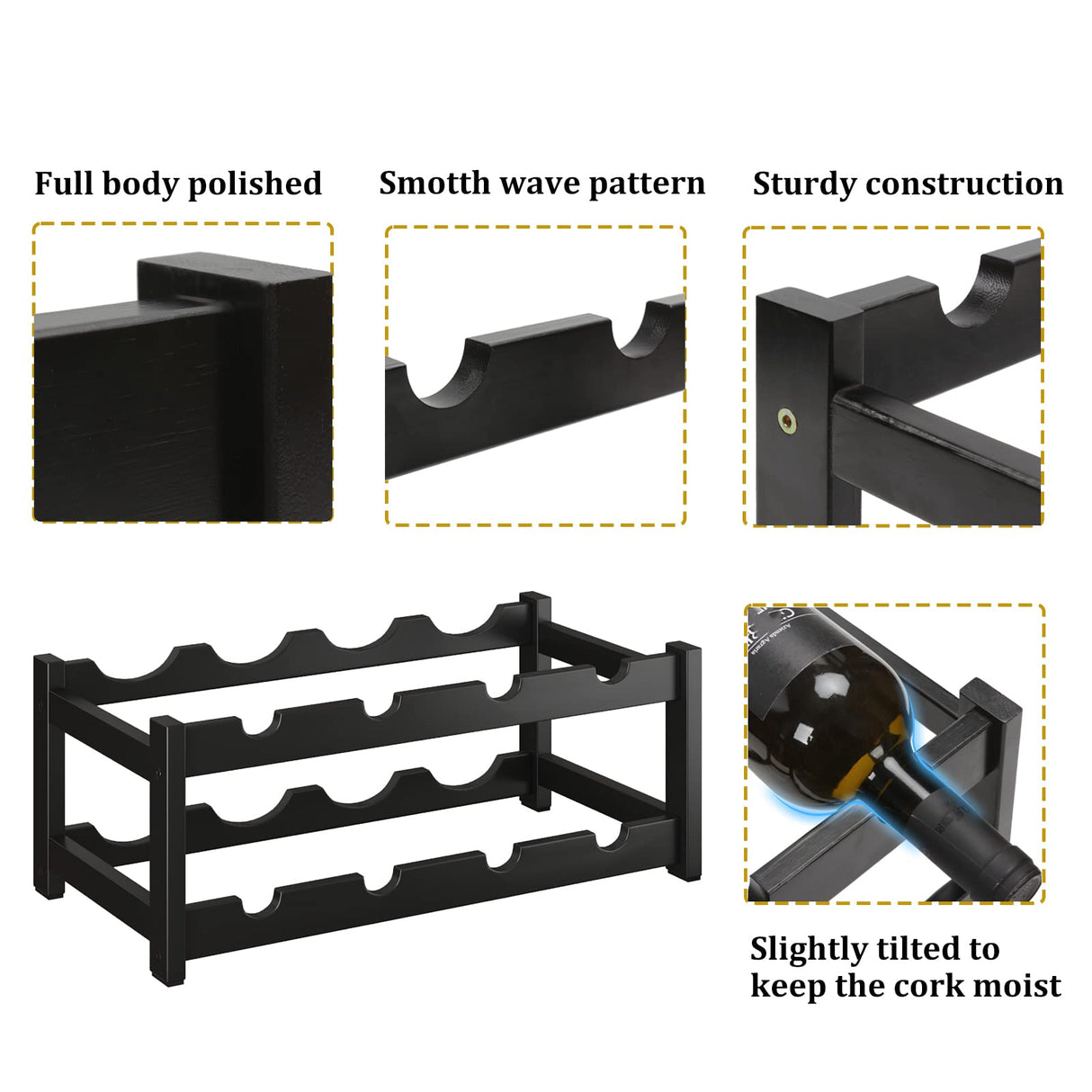 BAMEOS Wine Rack Freestanding 8 Bottle 2 Tier Bamboo Wine Racks Countertop Cabinet Wine Holder Wine Storage Shelf for Kitchen, Bar, Pantry, Wine Cellar, Countertop Black (16.85 L x 9.25W x 7H) BAMEOS