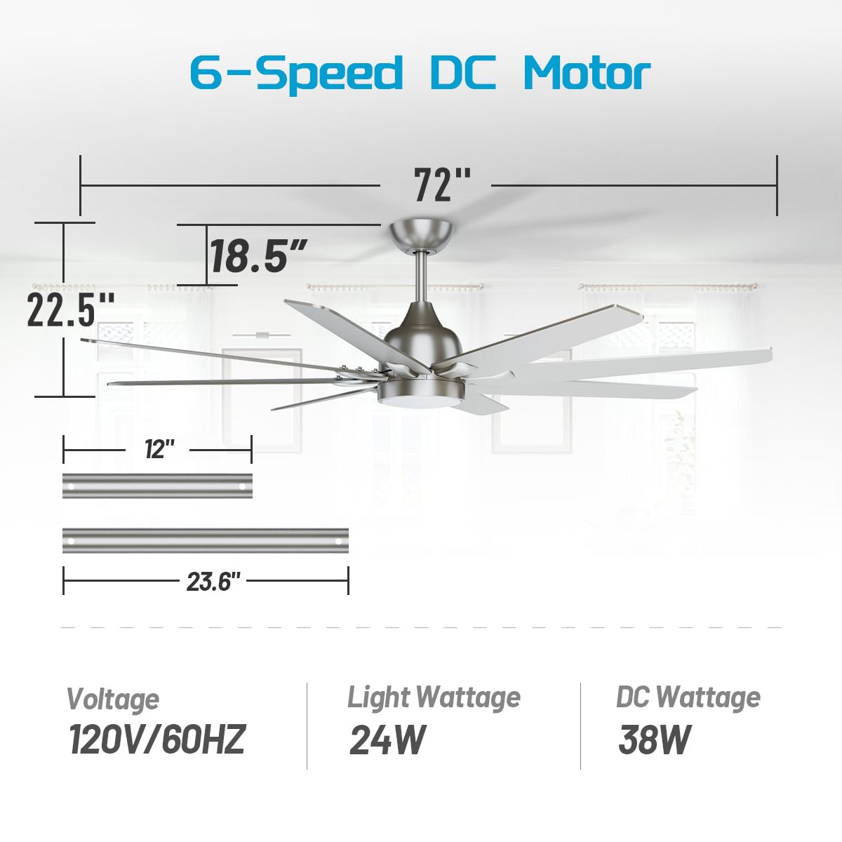 wurzee 72 inch Ceiling Fan with Light, 3CCT 3000K-4000K-6500K Reversible DC Motor, Dimmable Timing 6 Speed, Brushed Nickel Large Ceiling Fan for Indoor Outdoor wurzee