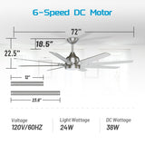 wurzee 72 inch Ceiling Fan with Light, 3CCT 3000K-4000K-6500K Reversible DC Motor, Dimmable Timing 6 Speed, Brushed Nickel Large Ceiling Fan for Indoor Outdoor wurzee