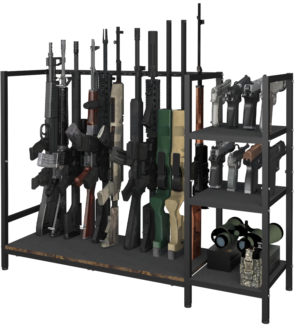 Mondazie Gun Rack, Floor Standing Rifle Stand with Pistol Shelves, Vertical Shotgun Storage Holder Display Racks Indoor with Padding for Home or Garage, Hold up to 11 Long Guns and 8 Handguns, Black Mondazie