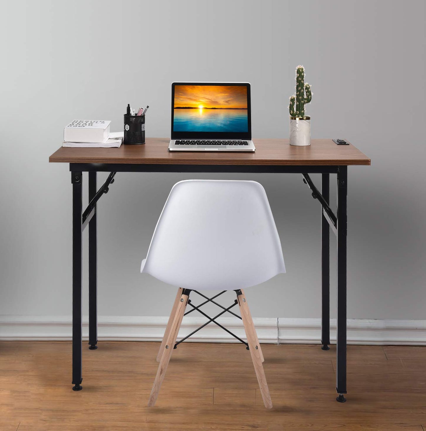 Frylr Small Folding Computer Desk 31.5''LX 15.7''X 29'' with 2 Power Sockets and 2.1A USB Charging Ports, Home Office Desk Portable Writing Desks for Small Space, Foldable Desk, Walnut - WoodArtSupply