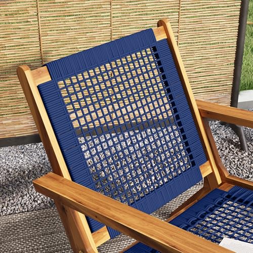 Outsunny Patio Acacia Wood Adirondack Chair, Modern Wood Fire Pit Chair with PP Rope Weave, Coconino Lounge Chair with High Backrest Support, Dark Blue - WoodArtSupply