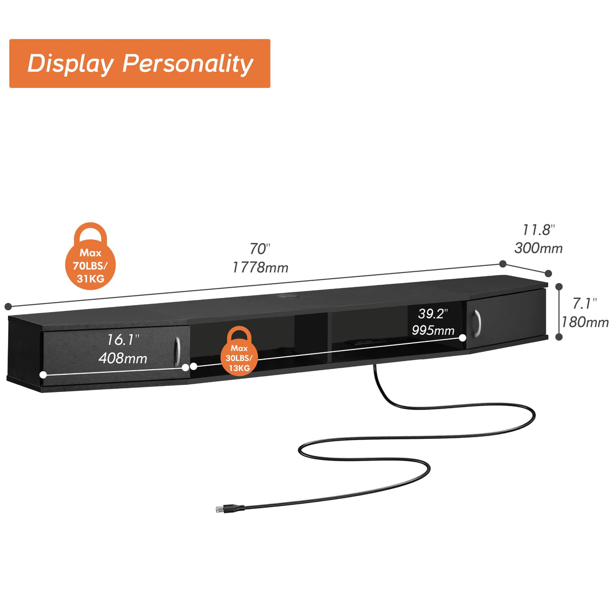 FITUEYES Floating TV Stand Wall Mounted Shelf with 16 LED Lights, Wood Media Console Entertainment Center Under TV, Cabinet Hutch Desk Storage for Home and Office,Black FITUEYES