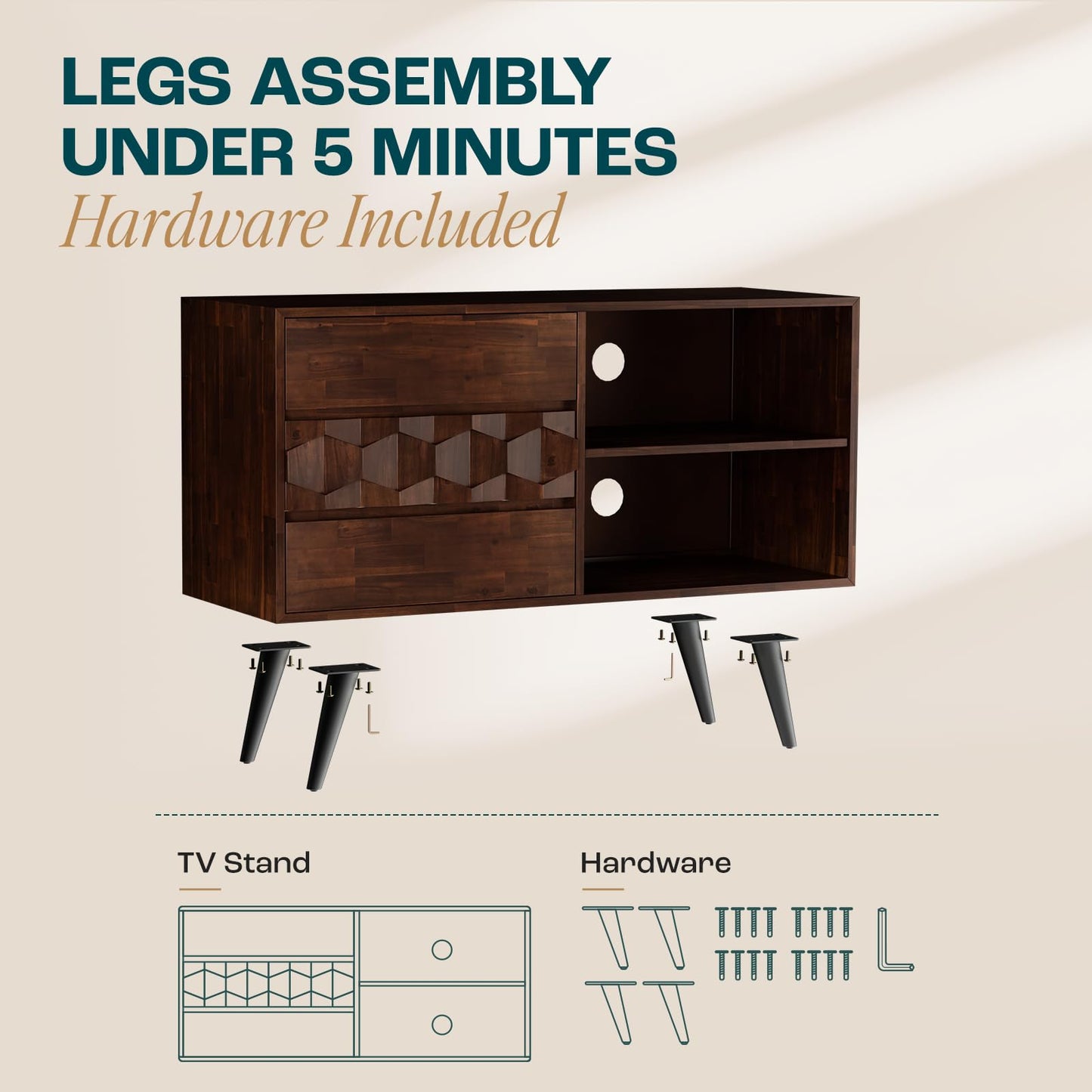 Bme Georgina 45 Inch Solid Wood TV Stand, Under 10 Minutes Assembly Entertainment Center with Storage, Geometric Pattern TV Console for Living Room, Bedroom, Dinning Room - Walnut