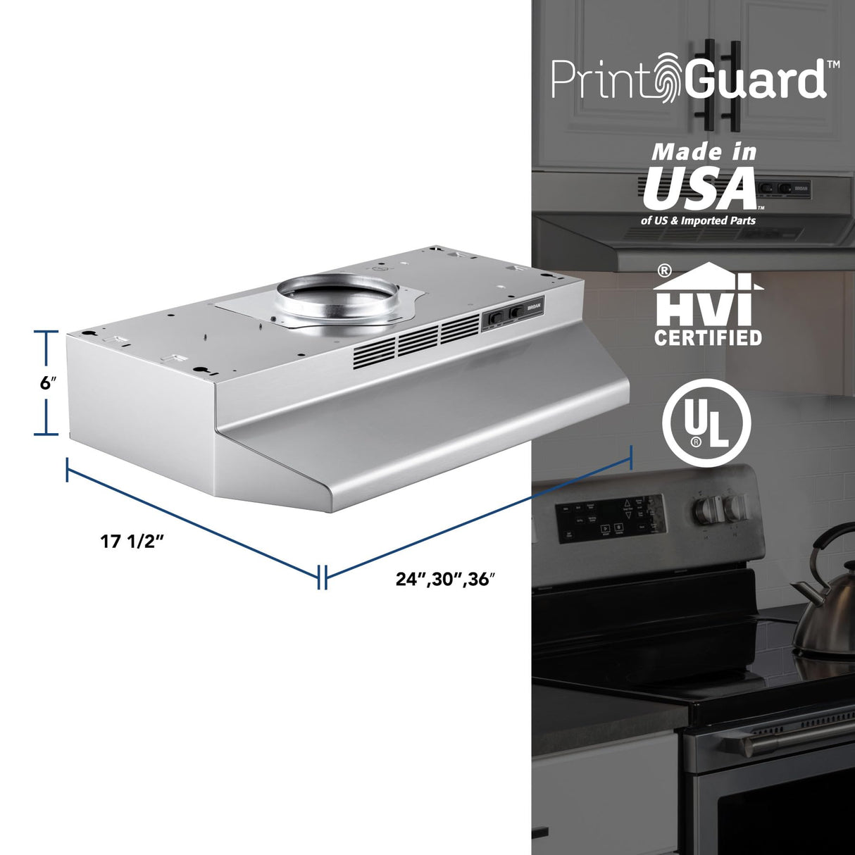 Broan-NuTone F4030SF Inch Fingerprint Resistant, 30", Stainless Finish with PrintGuard Convertible Under-Cabinet Range Hood 230 Max Blower CFM Broan-NuTone