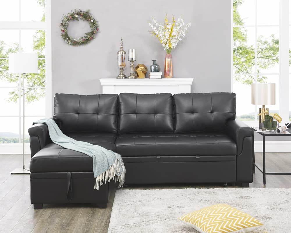 Naomi Home Jenny Sectional Sofa Sleeper with Storage Chaise, Tufted Pull Out Couch with Storage, Sectional Sofa Bed, L-Shaped Reversible Sleeper Sofa with Storage, Black,Air Leather