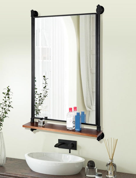 OLDRAINBOW Industrial Pipe Mirror Wood Shelves,Bedroom Mirror with Shelf,Rectangle Iron Wall Mirrors for Living Room Bedroom(34.6 x 23.6 in) OLDRAINBOW