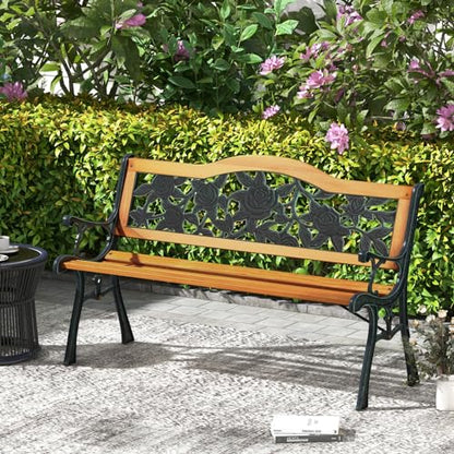 Tangkula Cast Iron & Hardwood Outdoor Garden Bench - Sturdy Weatherproof Loveseat for Patio, Deck, and Lawn - WoodArtSupply