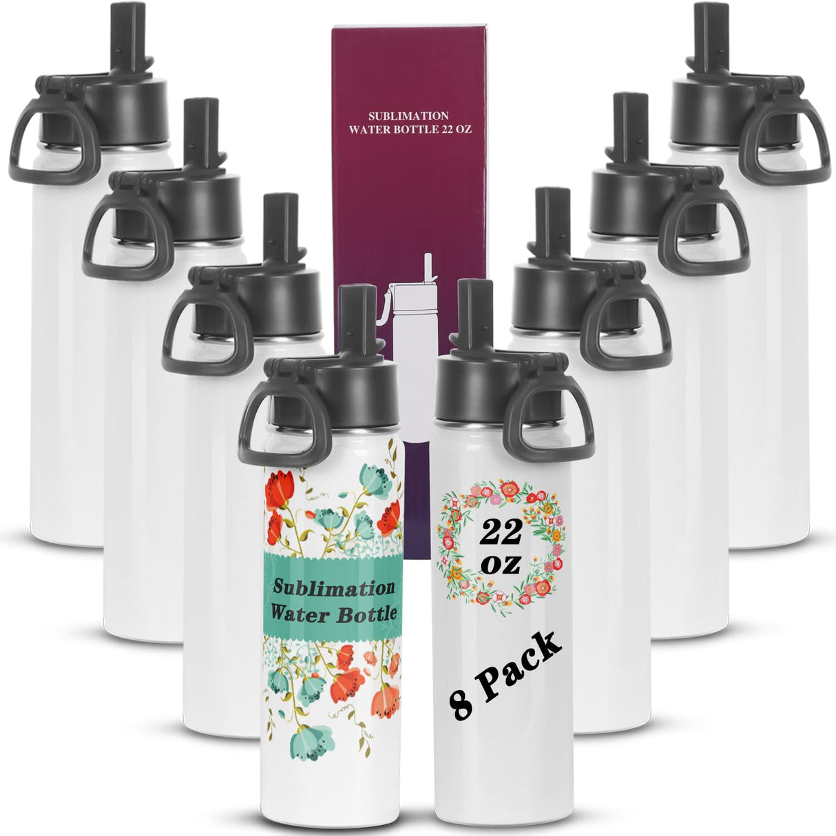 Draheri Sublimation Sports Water Bottle blanks, 22 Oz Sublimation Tumblers, Double Wall Stainless Steel Sports Water Bottle Flask with Portable Handle, Individually Boxed (8 Pack) Draheri