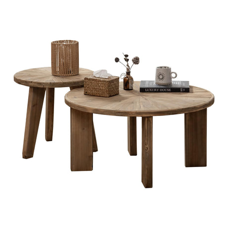 HuiDao Farmhouse Living Room Coffee Table Set of 2, Modern Circle Nesting Table Round Natural Finish with Handcrafted Old Solid Wood, Wooden Unique Coffee Table HuiDao