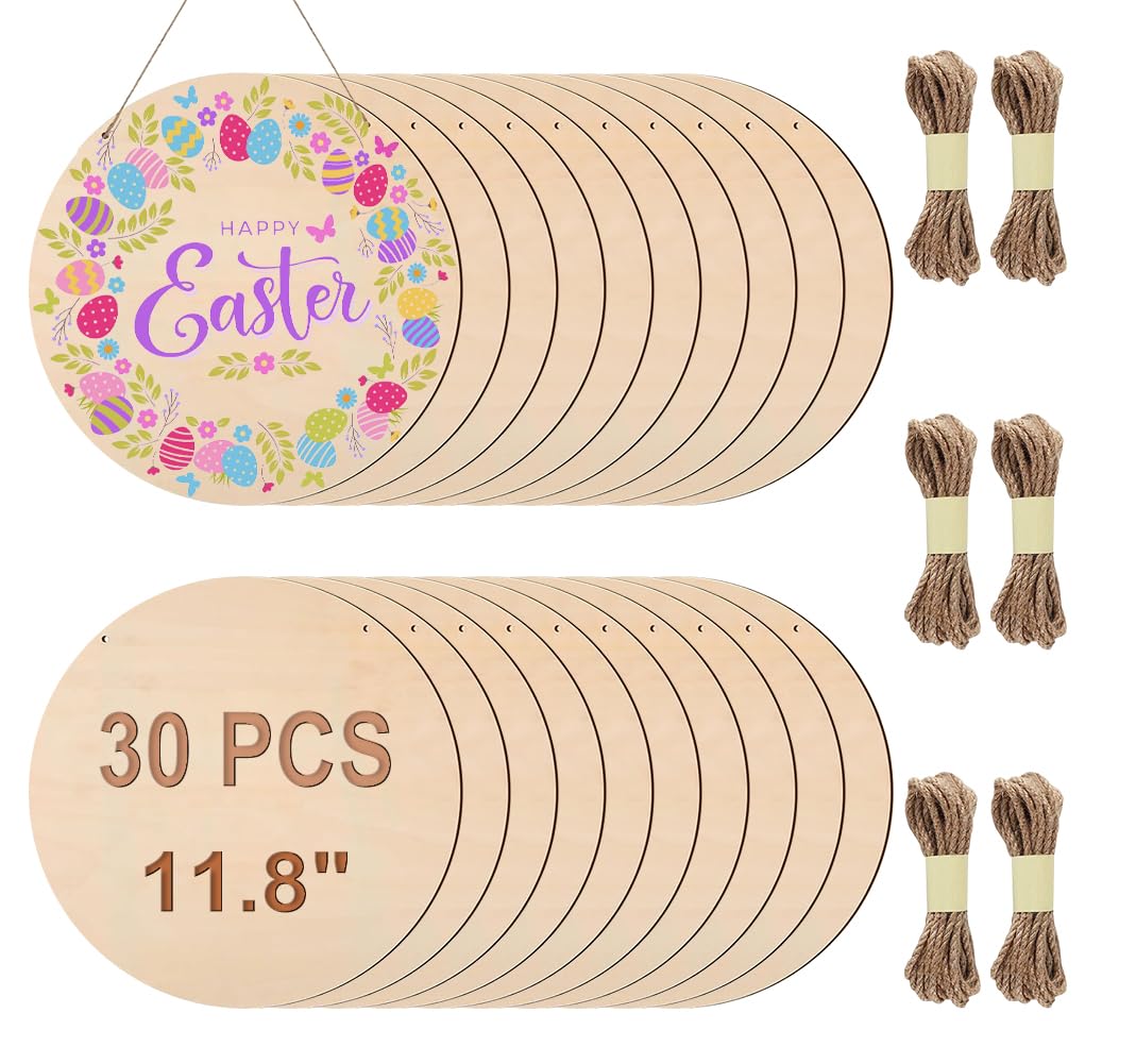 Adboros Wood Circles for Crafts, 12 Inch Blank Unfinished Wood Crafts DIY Painting Round Disc Cutouts with Twine Door Hanger Circle Blank Wooden Signs Home Decor Christmas (30) Adboros