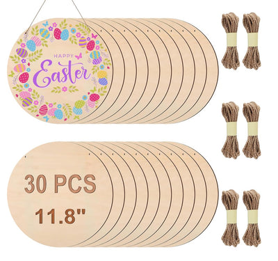 Adboros Wood Circles for Crafts, 12 Inch Blank Unfinished Wood Crafts DIY Painting Round Disc Cutouts with Twine Door Hanger Circle Blank Wooden Signs Home Decor Christmas (30)