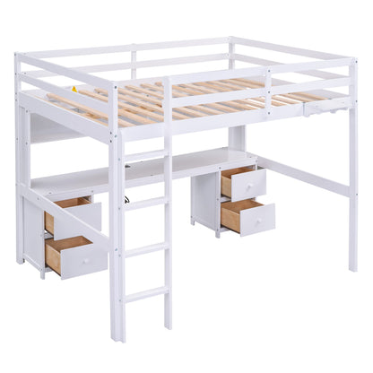 Merax White Full Size Loft Bed with Integrated Desk, Storage Cabinets, and Charging Station - WoodArtSupply