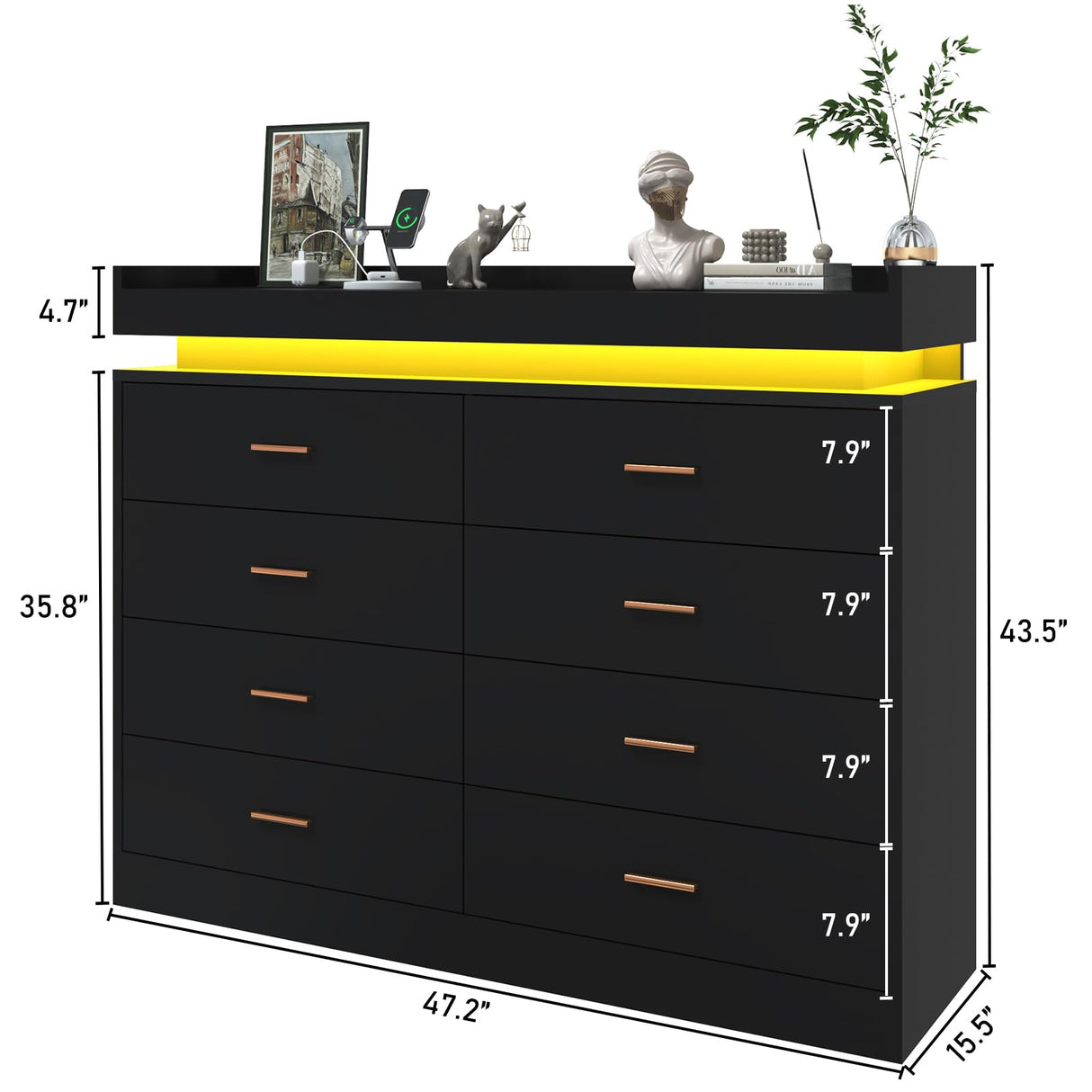 jiteentarou 8 Drawer Dresser with Charging Station and LED Lights, Modern Chest of Drawers with Power Outlet, Organizer Cabinet for Bedroom, Living Room, Black jiteentarou