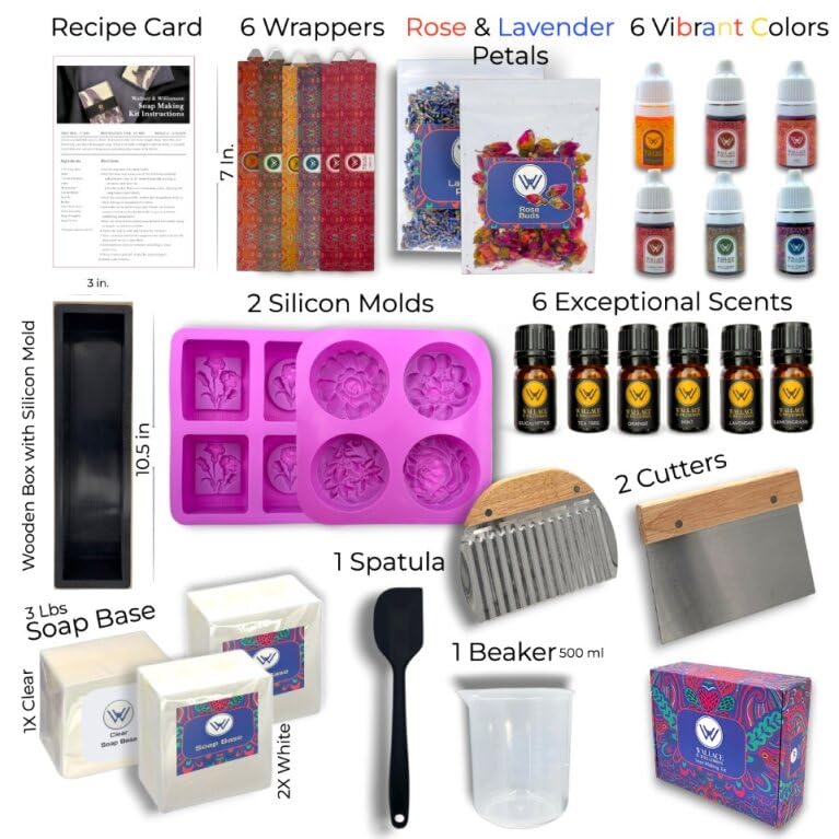 Wallace & Williamson DIY Soap Making Kit with Melt & Pour Base, Cutting Box, Molds, Fragrances, Flowers Silicone Molds - for Adults & Kids Craft Wallace & Williamson