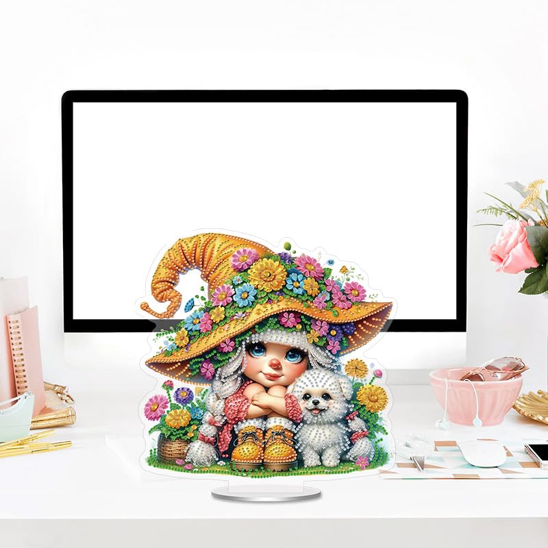 Cute Little Girl and Dog Diamond Painting Desktop Ornament Kit, 5D DIY Acrylic Crystal Special Shaped Tabletop Kawaii Diamond Art Home Decor for Adult (ZS08) WoodArtSupply
