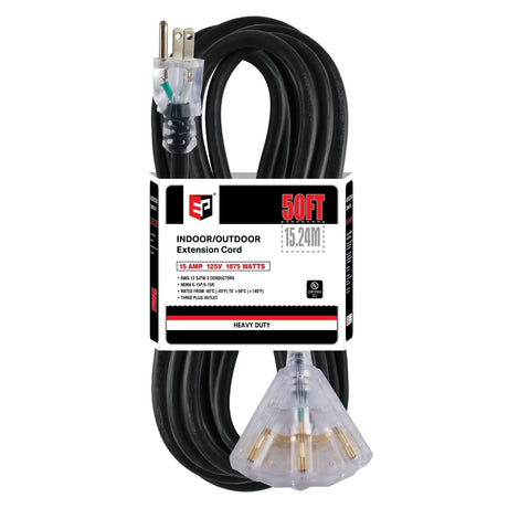 EP 50 Ft Lighted Outdoor Extension Cord with 3 Electrical Power Outlets - 12/3 SJTW Heavy Duty Black Extension Cable with 3 Prong Grounded Plug for Safety, UL Listed EP