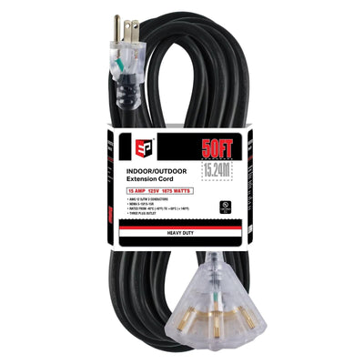 EP 50 Ft Lighted Outdoor Extension Cord with 3 Electrical Power Outlets - 12/3 SJTW Heavy Duty Black Extension Cable with 3 Prong Grounded Plug for Safety, UL Listed