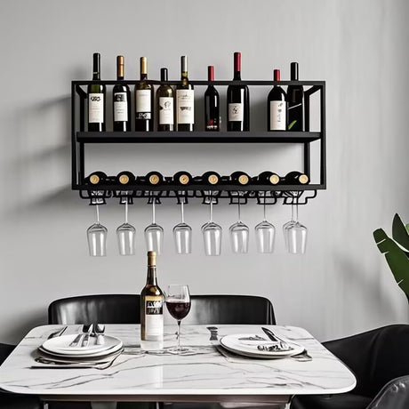AKOGG Modern Wine Rack Wall Mounted with Glass Holder,Metal Liquor Shelf, Floating Bar Shelves,Liquor Bottle Display Shelf,Hanging Large Capacity Wine Storage Racks for Home Kitchen Dining Room AKOGG