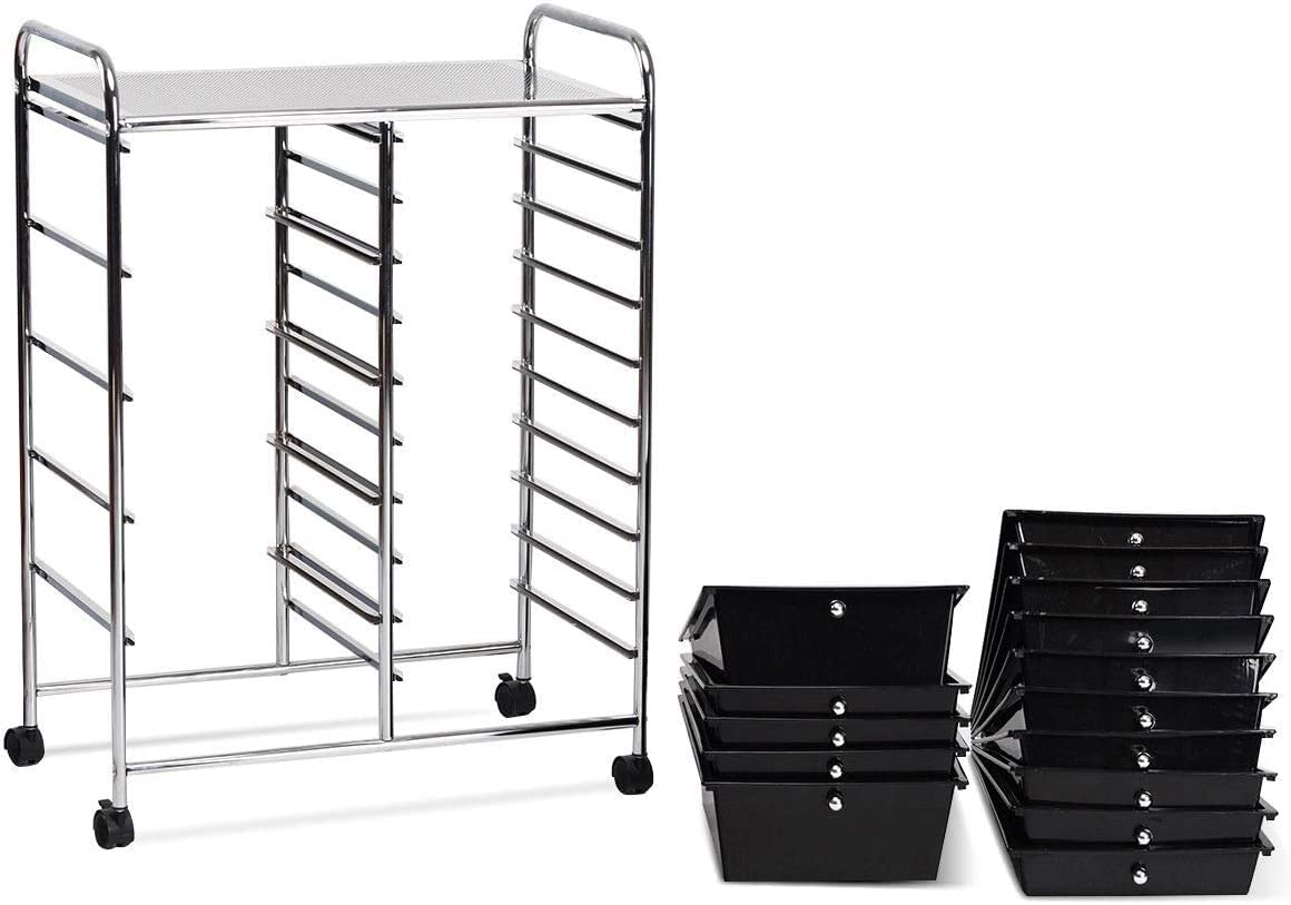 15 Drawer Rolling Storage Cart, Mobile Utility Cart with Lockable Wheels, Drawers, Multipurpose Organizer Cart for Home, Office, School, Black COSTWAY