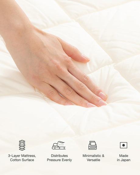 FULI Japanese Futon Mattress, Foldable & Portable Floor Lounger Bed, Roll Up Sleeping Pad, Shikibuton, Made in Japan (White, Queen) FULI