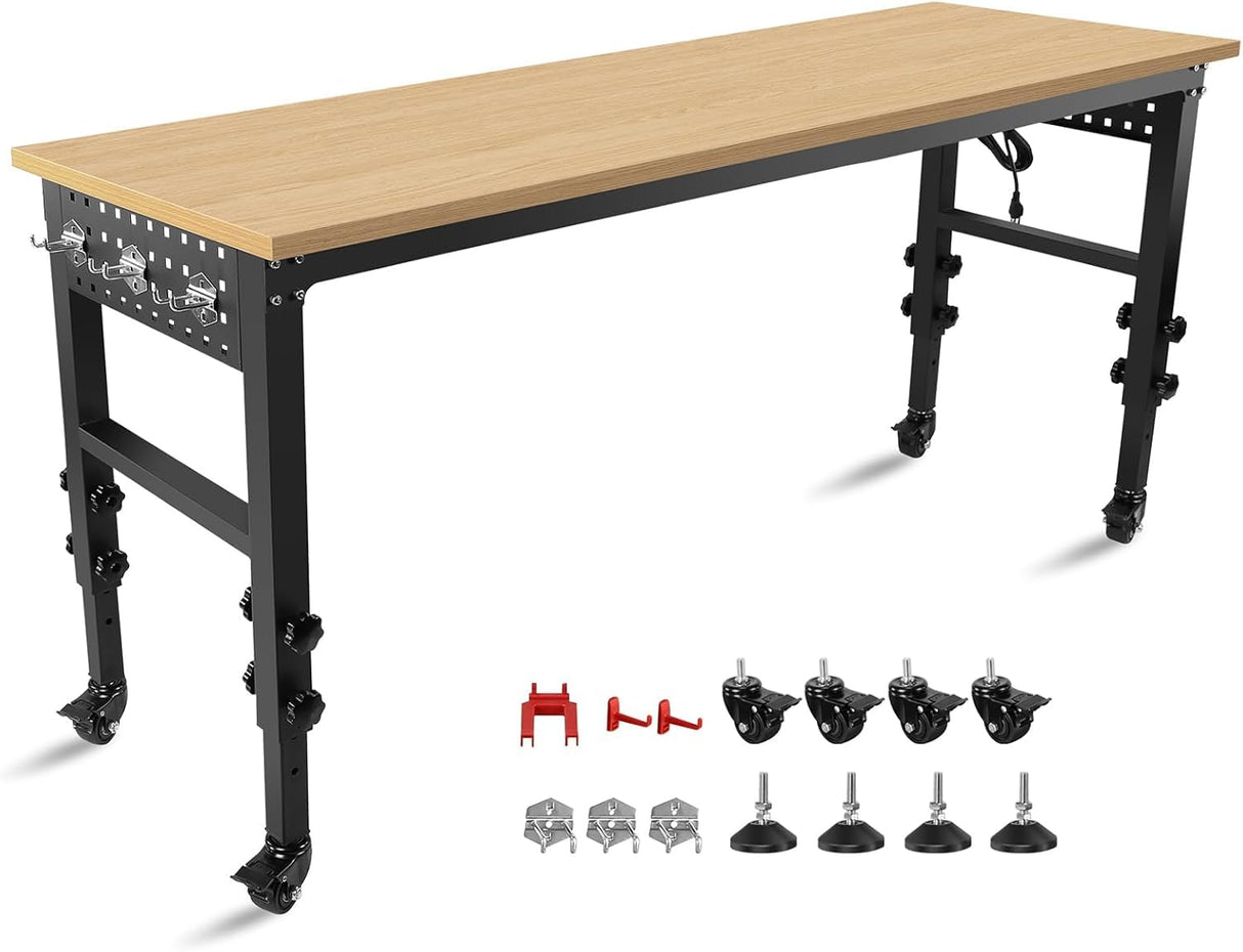 72" × 24'' Height Adjustable Workbench - Rolling Heavy-Duty Worktable with Power Outlet and Wheels, Large Load Capacity Rubber Wood Top Workbench for Garage Office Workshop Home (72" × 24'') Arbacipher