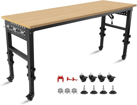 72" × 24'' Height Adjustable Workbench - Rolling Heavy-Duty Worktable with Power Outlet and Wheels, Large Load Capacity Rubber Wood Top Workbench for Garage Office Workshop Home (72" × 24'') Arbacipher
