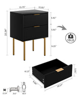 Masupu Nightstand,Mid-Century Modern Bedside Table with 2 Storage Drawer,Small Gold Frame Side End Table for Bedroom,Living Room, Black Masupu