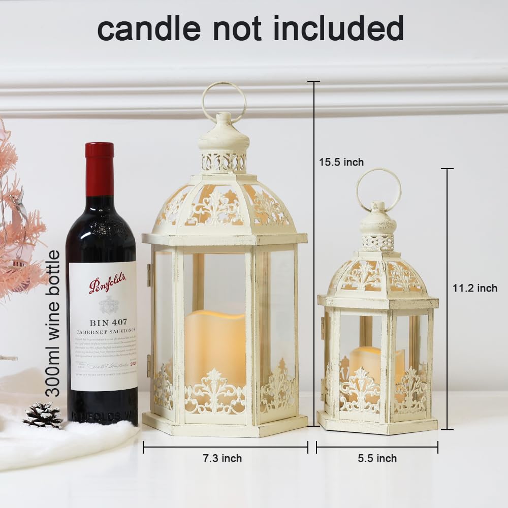 Lanterns Decorative Outdoor&Indoor, Set of 2 (15"&11") Beige Metal Lantern Decor with Glass, Candle Holder for Porch, Patio, Garden, Fall, Wedding, Christmas, Table Centerpiece NEEDOMO