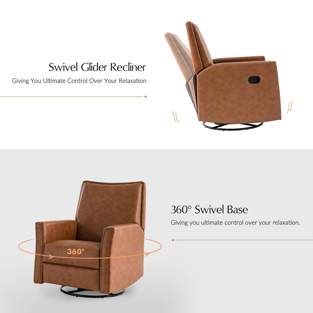 HULALA HOME Swivel Rocker Recliner Chair, Small Leather Recliners for Small Spaces, Glider Rocker Recliner with Faux Leather Upholstery, Push Back Reclining Chair for Living Room, Saddle HULALA HOME