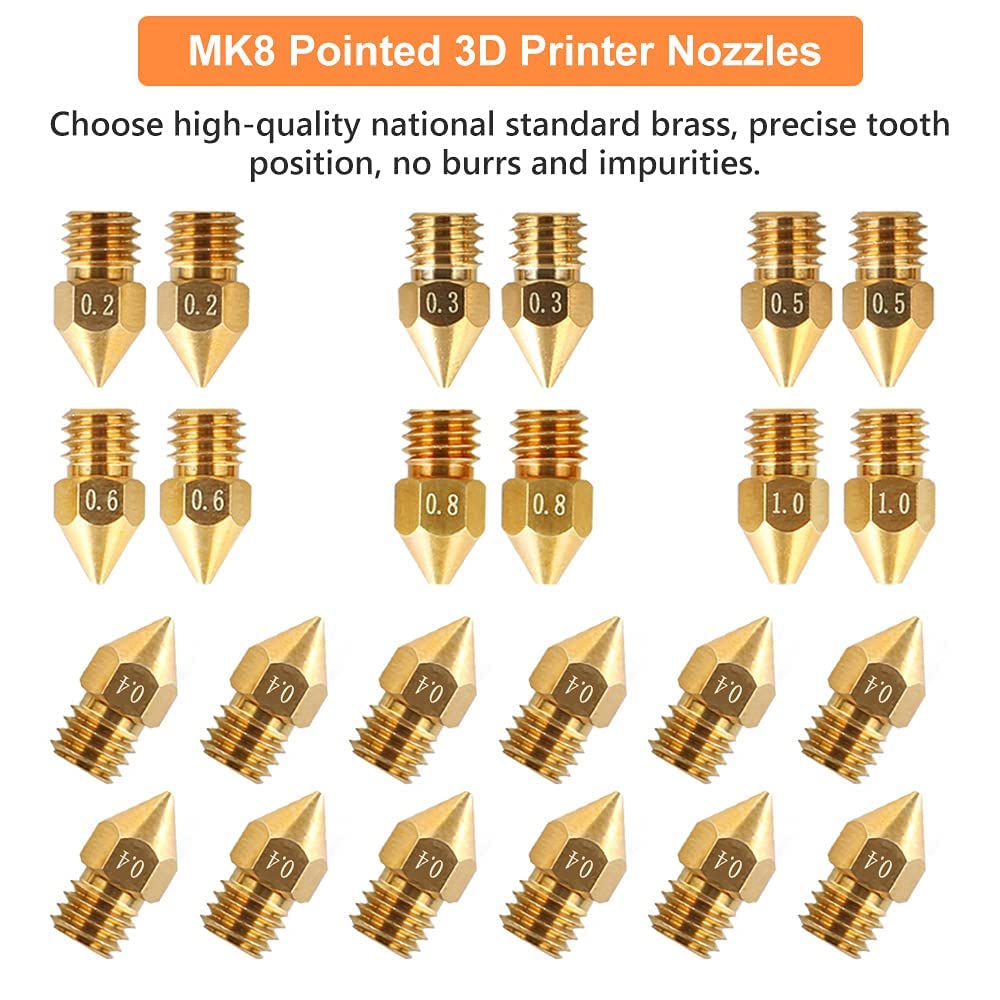 Creality Official MK8 Ender 3 Nozzles 24 pcs 3D Printer Brass Nozzles Extruder for Ender 3 Series and Creality CR-10 0.2mm, 0.3mm, 0.4mm, 0.5mm, 0.6mm, 0.8mm, 1.0mm Printer Nozzle Kit Creality