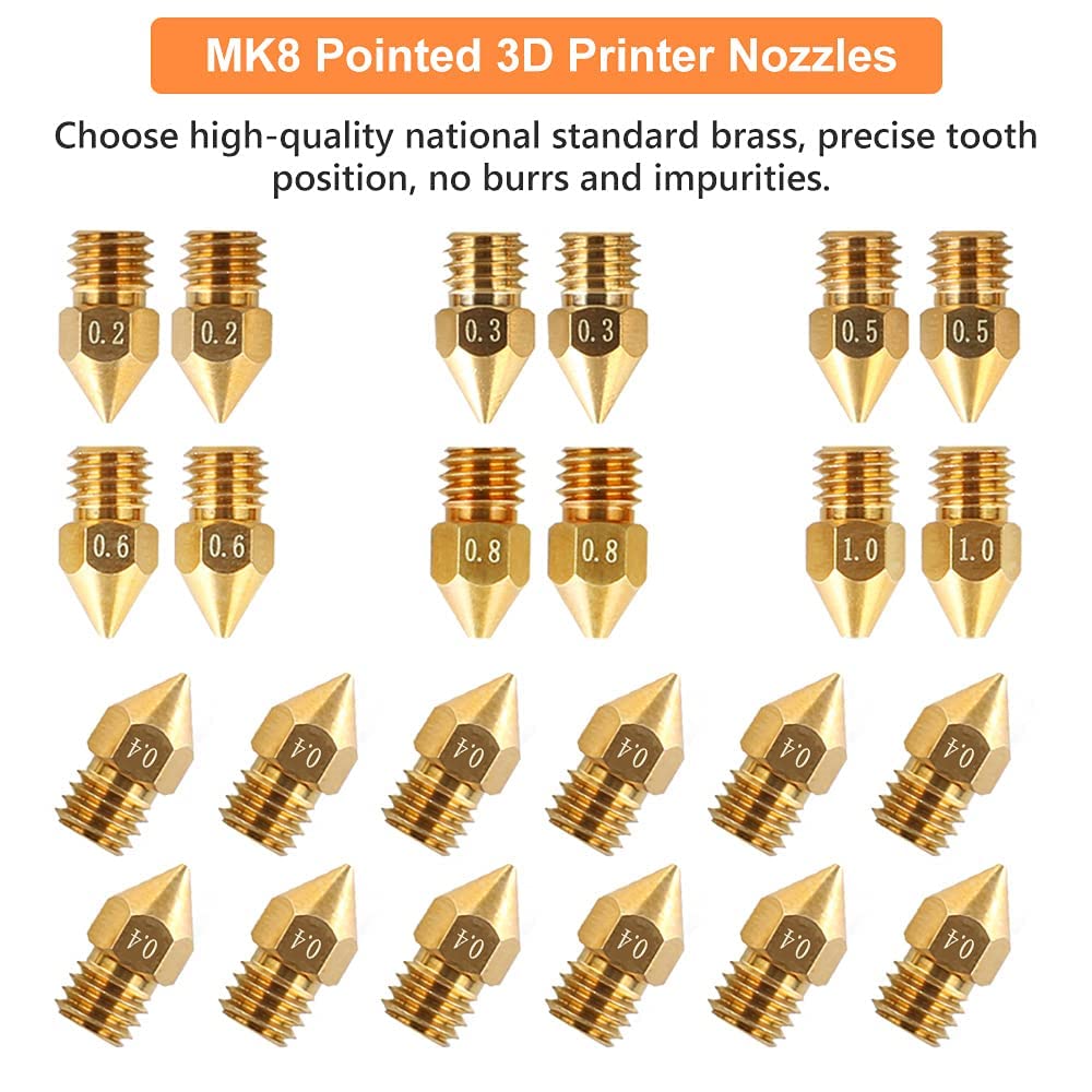 Creality Official MK8 Ender 3 Nozzles 24 pcs 3D Printer Brass Nozzles Extruder for Ender 3 Series and Creality CR-10 0.2mm, 0.3mm, 0.4mm, 0.5mm, 0.6mm, 0.8mm, 1.0mm Printer Nozzle Kit - WoodArtSupply