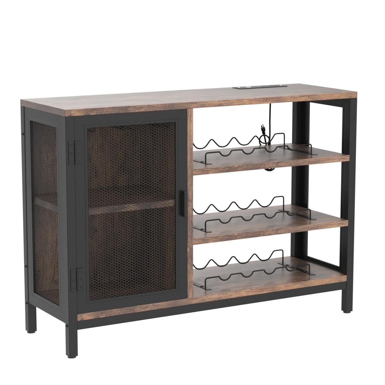 Homieasy Wine Bar Cabinet with Power Outlets, Industrial Coffee Bar Cabinet for Liquor and Glasses, Farmhouse Bar Cabinet with Removable Wine Racks, Rustic Brown - WoodArtSupply