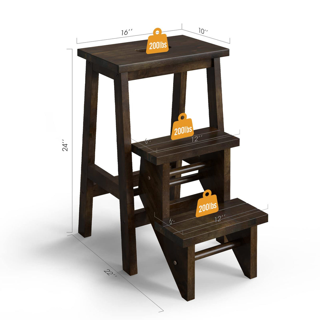 Giantex Folding 3 Tier Step Ladder, Multifunction 3-in-1 Wood Step Stool with Anti-Slip, Convenient Handle, Display Ladder and Storage Shelf for Library, Home Kitchen, Household Work, Garage (Brown) Giantex