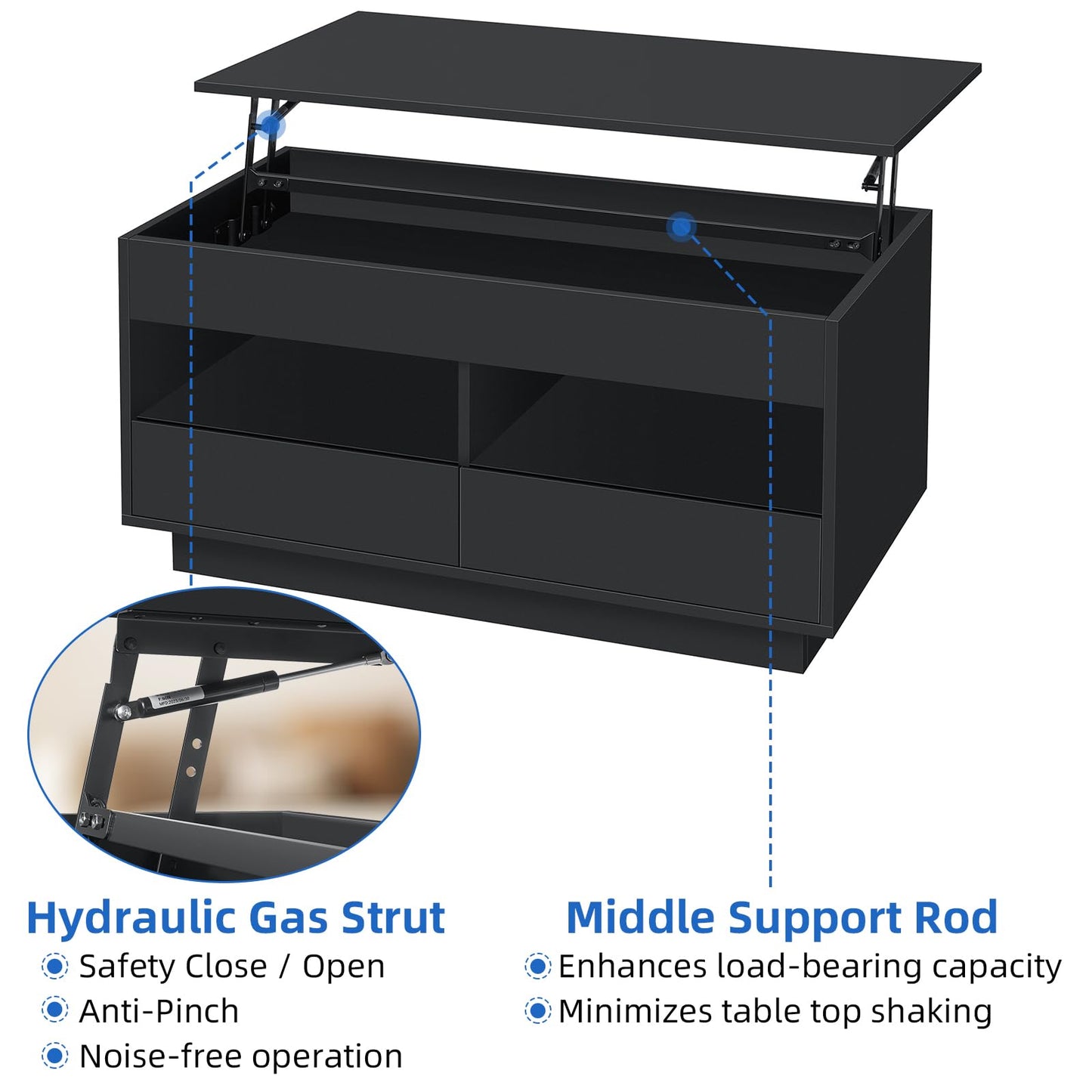 HOMMPA Lift Top Coffee Table with LED Light Morden Coffee Table with Storage Black Coffee Table for Living Room High Gloss Tea Table LED Center Tables Hidden Compartment & 2 Open Shelve & 2 D - WoodArtSupply