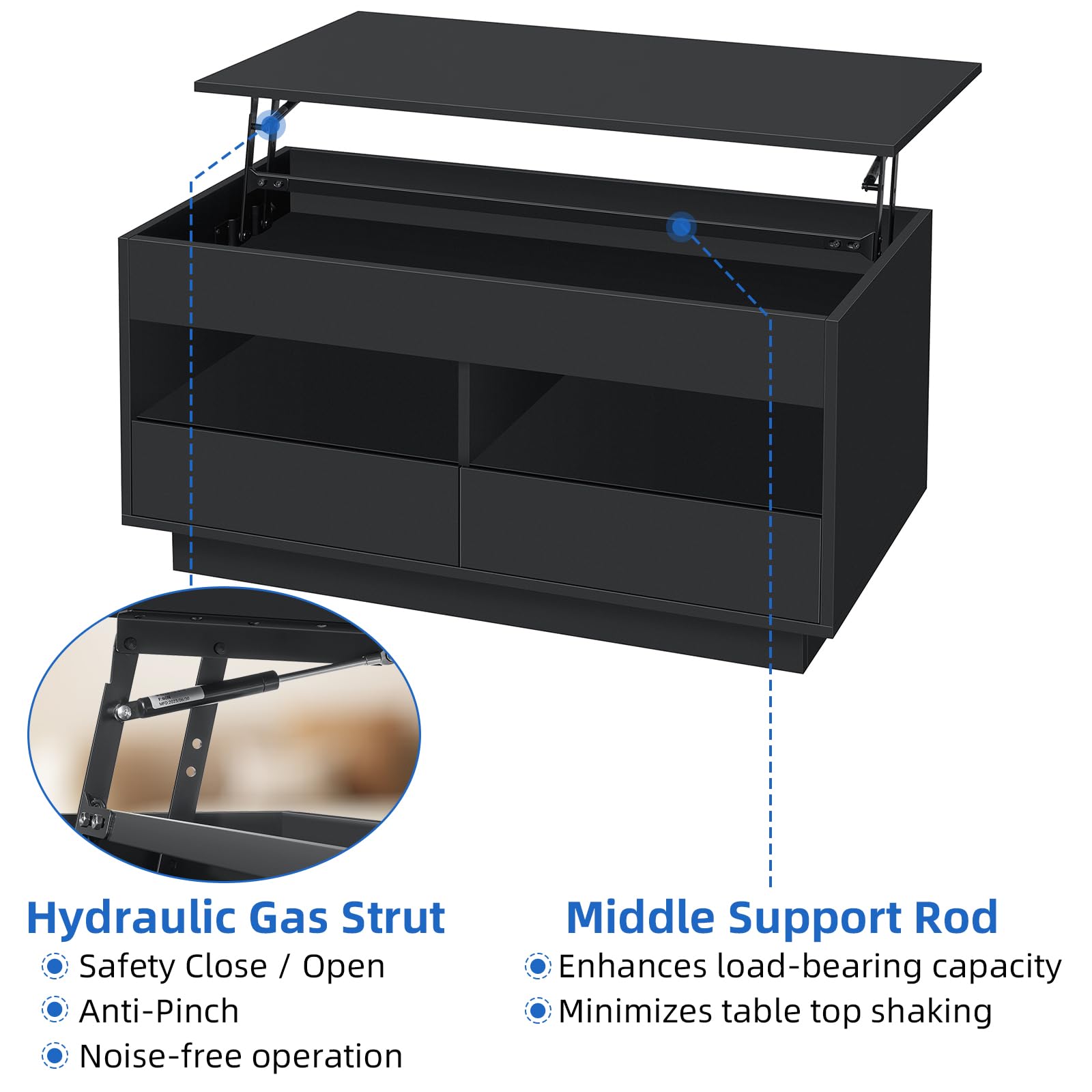 LED Coffee Table for Living Room Lift Top Coffee Tables with Storage Morden High Gloss 4 Tiers Black Tea Table Center Tables Sofa Hidden Compartment & 2 Open Shelve & 2 Drawers - WoodArtSupply