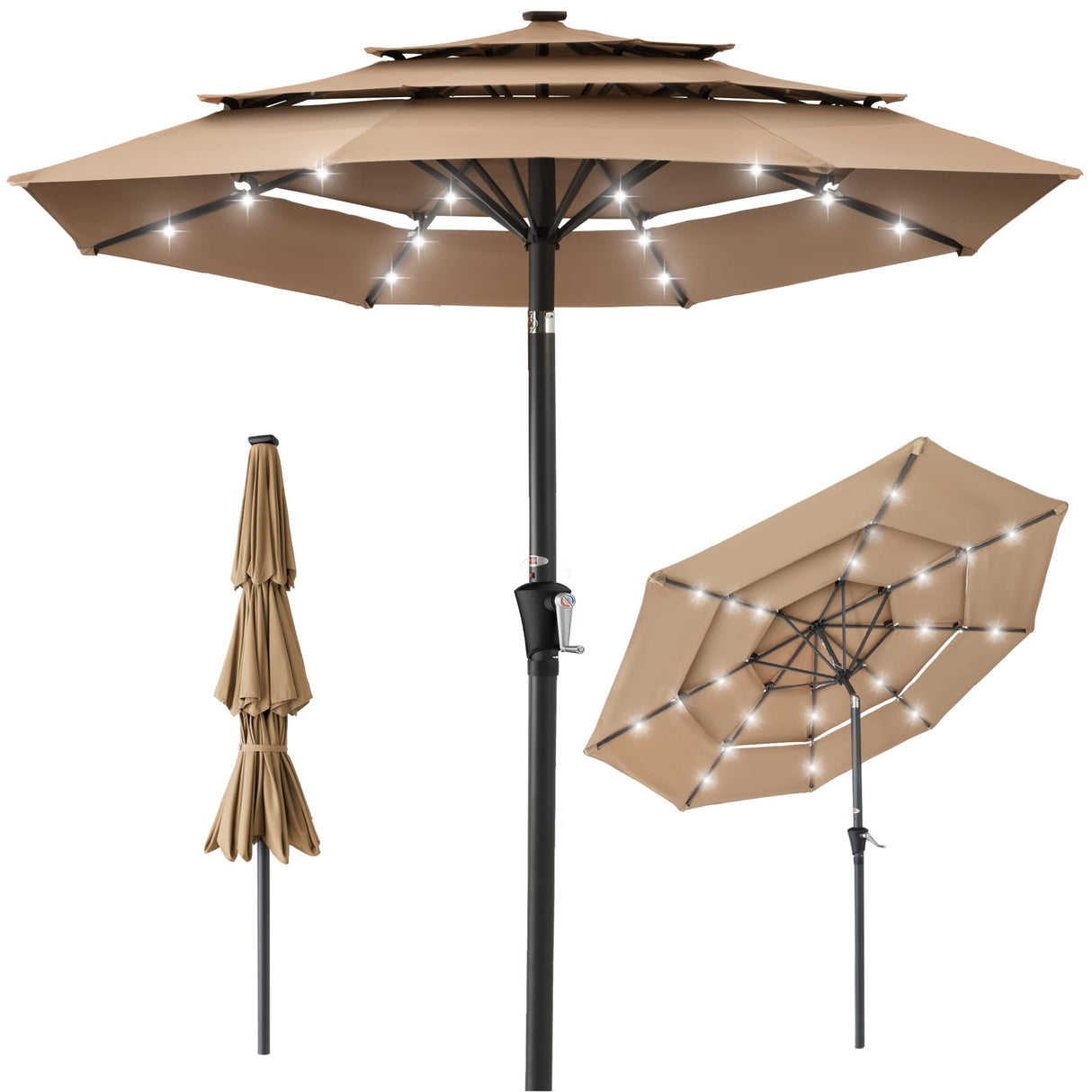Best Choice Products 10ft 3-Tier Solar Patio Umbrella, Outdoor Market Sun Shade for Backyard, Deck, Poolside w/ 24 LED Lights, Tilt Adjustment, Easy Crank, 8 Ribs - Tan Best Choice Products