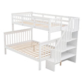 Merax Twin Over Full Bunk Bed, Wood Bunk Bed with Storage Stair, Bunk Bed with Guardrail for Kids or Teens, Space Saving, No Box Spring Needed, White Merax